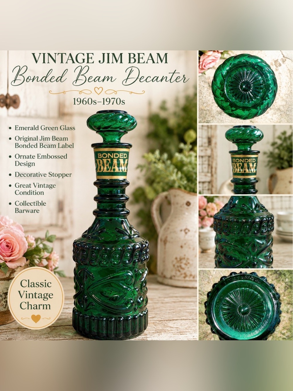 Vintage Bonded Jim Beam Emerald Green Glass Decanter w/Original Stopper. G23